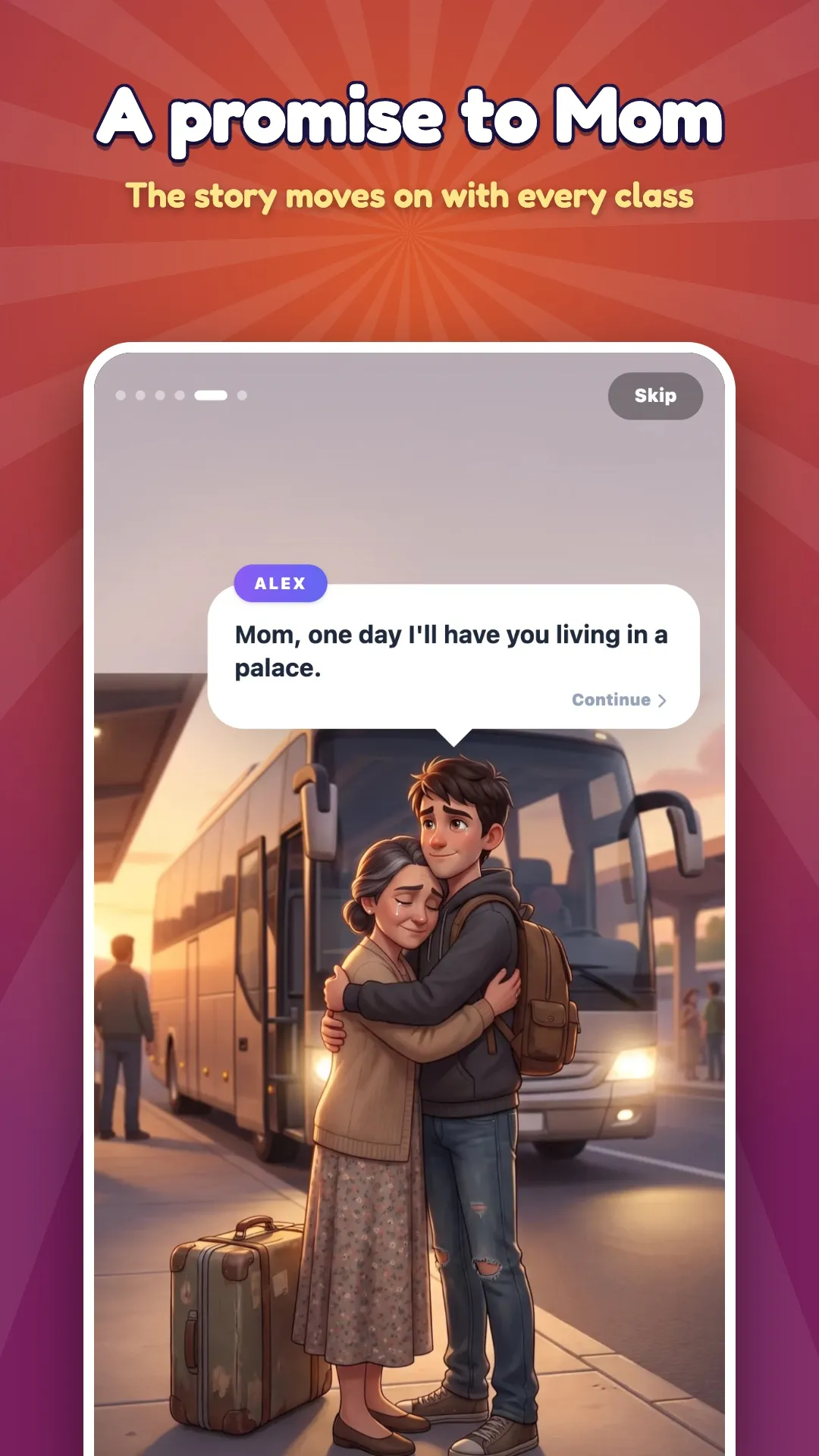 A promise to Mom: the hero hugs his mother goodbye at the bus station.