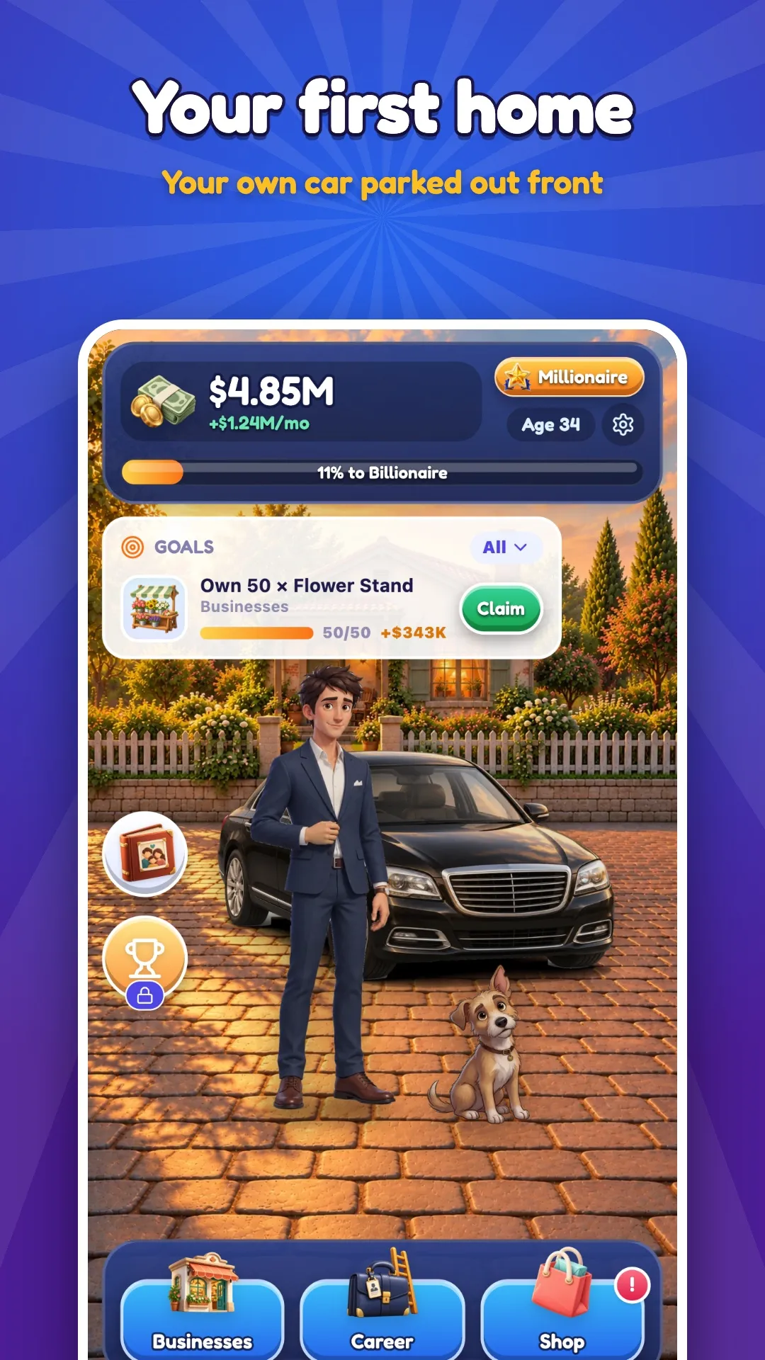 Prestige Life: the character outside his own home with a car.